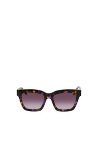 Lunettes de soleil carrées avec un motif écaille de tortue comportant des nuances de violet, d'orange et de noir. Les verres dégradés passent du sombre au clair.
