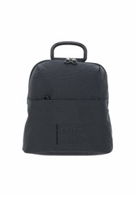 Zaino nero texture con manico arrotondato, chiusura a zip e tasca frontale. Presenta un motivo a pois sottile e materiale resistente.
