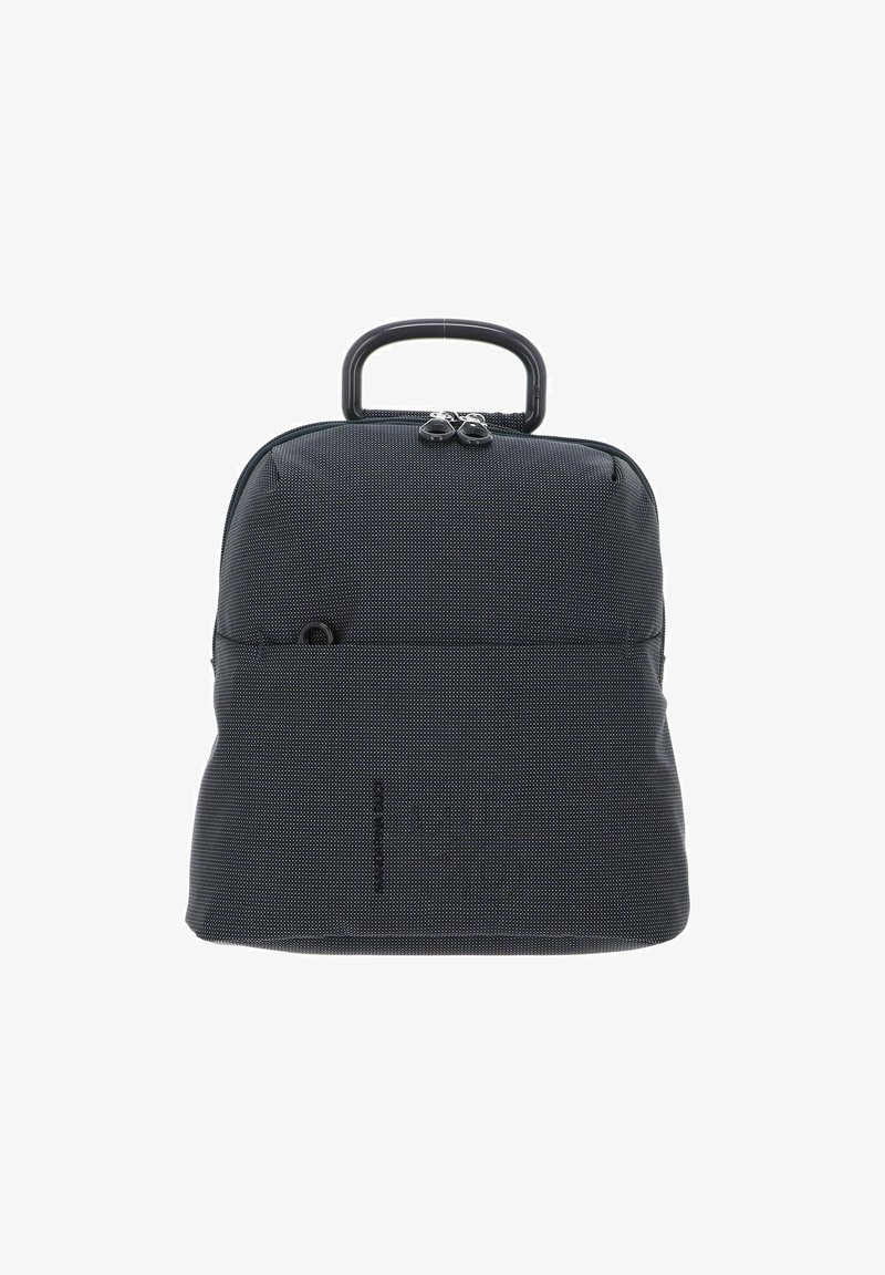 Zaino nero texture con manico arrotondato, chiusura a zip e tasca frontale. Presenta un motivo a pois sottile e materiale resistente.