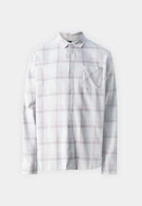 Long-sleeve flannel shirt in white with light purple and gray plaid pattern. Features a button-down collar and a chest pocket.