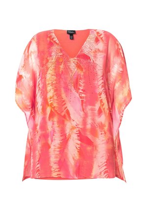 Blusa de cuello en V de tejido ligero y transparente, con un vibrante patrón abstracto en rosa y naranja, adornada con gemas de imitación. Mangas cortas y sueltas.