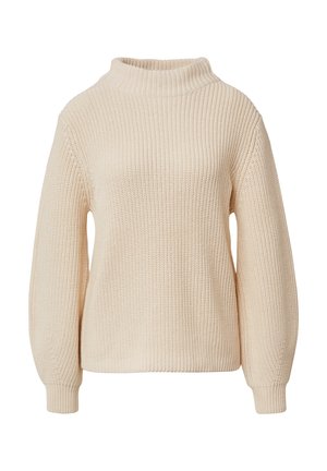 Cremfarbener gestrickter Pullover mit hohem Kragen, gerippter Textur und locker sitzenden Ärmeln. Verfügt über einen geraden Saum für eine bequeme Passform.