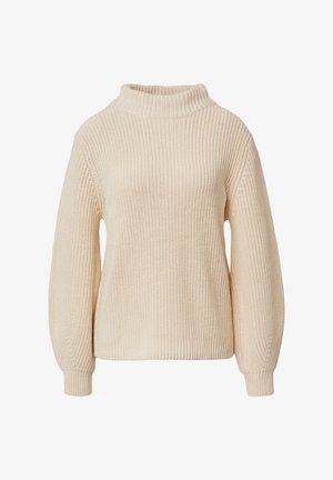 Maglione lavorato a maglia color crema con colletto alto, texture a costine e maniche dalla vestibilità ampia. Presenta un orlo dritto per un fit rilassato.