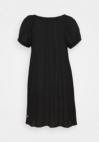 Robe noire à manches courtes en tissu léger, présentant une silhouette fluide, des détails froncés et un accent subtil au niveau de l'ourlet.