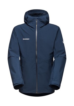 Navy wasserdichte Jacke mit durchgehendem Reißverschluss, verstellbarem Kapuze und elastischen Bündchen. Mit dem "Mammut"-Logo auf der Vorderseite und dem Arm.