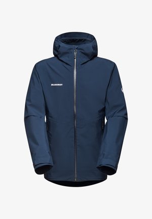 Marin vattentät jacka med hel dragkedja, justerbar huva och elastiska ärmslut. Har "Mammut"-logotypen på framsidan och ärmen.