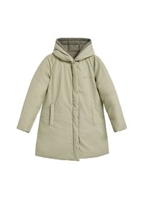 Ljusgrön isolerad jacka med huva, med sidofickor och tryckknappsstängning. Quiltat innertyg ger en kontrast i textur.