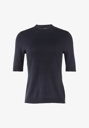 Niebieski sweter z krótkim rękawem, okrągłym dekoltem, ribbowanym wykończeniem i miękką teksturą dzianiny. Idealny do noszenia na warstwy lub na co dzień.