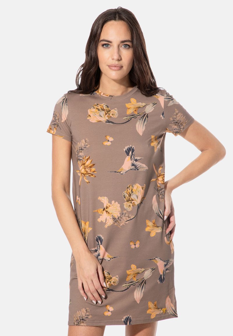 Blumenkleid mit kurzen Ärmeln, brauner Stoff mit orangefarbenen und gelben Blumenmustern, weiche Textur und lockere Passform.