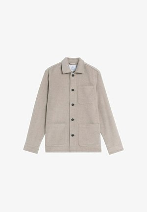 Ljusgrå ulljacka med krage, knäppning framtill och två framfickor. Har en mjuk textur och subtila sömnadsdetaljer.