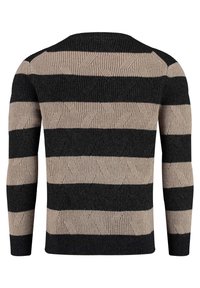 Pullover-Sweater mit horizontalen schwarzen und beigen Streifen und einem strukturierten Strickmuster. Rundhalsausschnitt und lange Ärmel. Maschinenwaschbar.