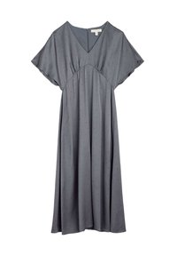 Vestito grigio realizzato in tessuto leggero, con scollatura a V, maniche corte a campana e vita arricciata. Presenta piccoli pois neri.