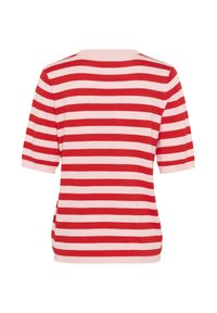 Rød- og pinkstribet kortærmet sweater, strikket tekstur, rund hals, afslappet pasform, med lige vandrette striber i varierende bredde.