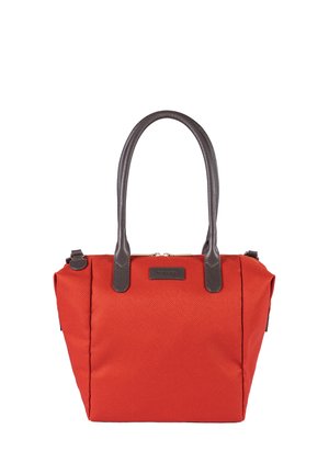 Red textured tote bag with dark brown leather handles and zipper closure on top against white background.
