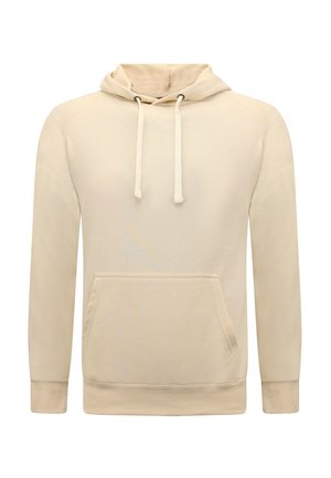 Beige pullover hoodie met trekkoorden, een voorzak in kangoeroestijl, lange mouwen en geribbelde boorden en zoom.