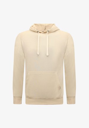 Beige pullover hoodie met trekkoorden, een voorzak in kangoeroestijl, lange mouwen en geribbelde boorden en zoom.