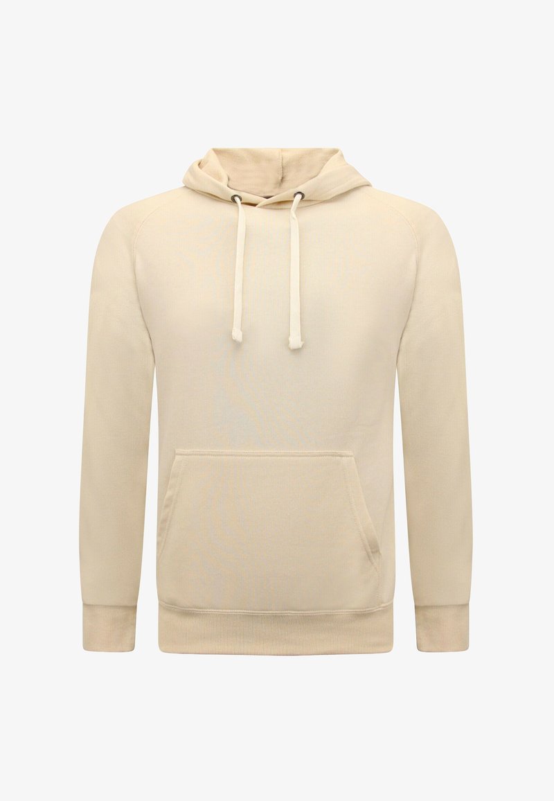 Beige pullover hoodie met trekkoorden, een voorzak in kangoeroestijl, lange mouwen en geribbelde boorden en zoom.