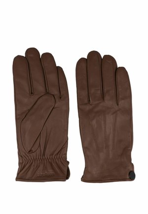 Paar braune Lederhandschuhe mit elastischem Handgelenk am linken Handschuh und schwarzem Knopf am rechten Handschuh, flach ausgelegt mit ausgestreckten Fingern.