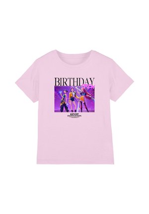 Light pink T-shirt with a colorful graphic of three animated K-pop demon hunters under "BIRTHDAY CREW" text.