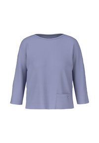 Helles Lavendel langärmliges Oberteil mit Bootsausschnitt, lässiger Passform und einer Fronttasche mit einem kleinen Metallelement. Weicher Stoff.