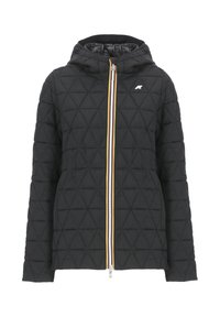 Schwarze Steppjacke mit dreieckigem Muster, weißem Reißverschluss mit gelben und orangefarbenen Akzenten sowie einer Kapuze für zusätzliche Wärme.