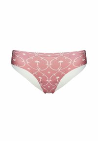 Rosa und weiße Bikini-Briefs mit floralem Muster, glatter Textur, mittlerer Abdeckung und kontrastierenden Seitenteilen.