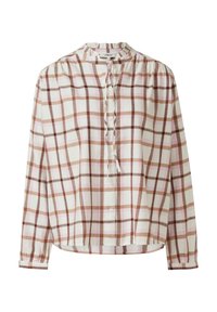 Geruite blouse met een opstaande kraag, uitgevoerd in bruin, roze en crème. Lange mouwen met geplooide details, sluit aan de voorkant met knopen.