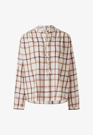 Koszula w kratę z kołnierzykiem typu band, w kolorach brązowym, różowym i kremowym. Długie rękawy z marszczeniem, zapięcie na guziki z przodu.