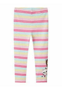 Leggings van rekbaar materiaal in pastelkleuren met horizontale strepen. Heeft een grafisch ontwerp van een meisje en een kat aan de onderzijde.