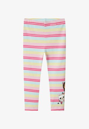 Leggings realizzati in tessuto elasticizzato nei colori pastello con righe orizzontali. Presentano una grafica di una ragazza e un gatto sul lato inferiore.