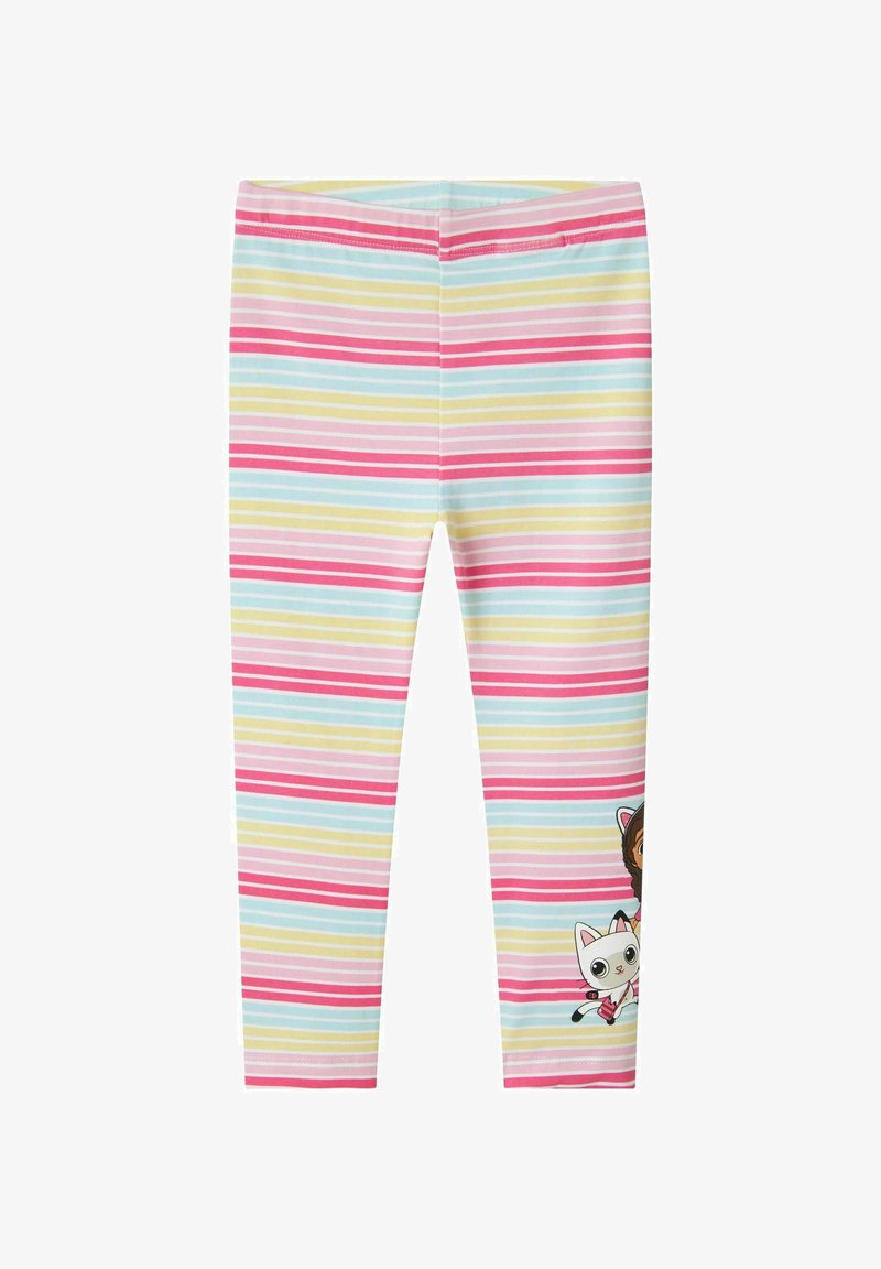 Leggings van rekbaar materiaal in pastelkleuren met horizontale strepen. Heeft een grafisch ontwerp van een meisje en een kat aan de onderzijde.
