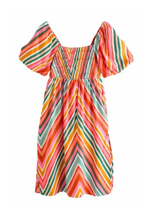 Brightly colored striped dress with puffed short sleeves and smocked bodice, featuring chevron pattern in orange, pink, green, and white.