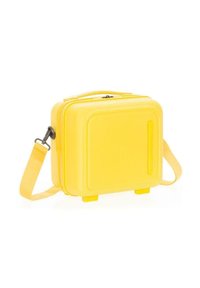 Borsa rigida gialla di forma quadrata, con manico superiore e tracolla rimovibile. Texture liscia con un design minimalista e accenti sottili.