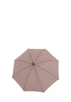 Ombrello malva chiuso visto dall'alto che mostra otto pannelli e punta centrale nera.