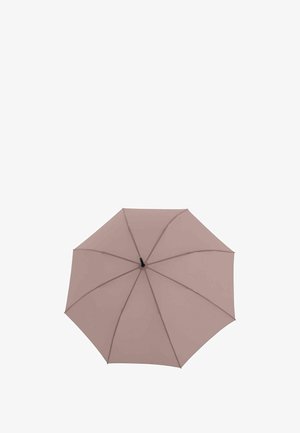Parapluie mauve fermé vu de dessus montrant huit panneaux et une pointe centrale noire.
