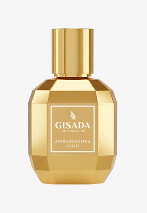 Goldfarbener, facettierter Parfümflakon mit der Aufschrift "Gisada Switzerland Ambassadora Gold" und passendem goldfarbenem Deckel.