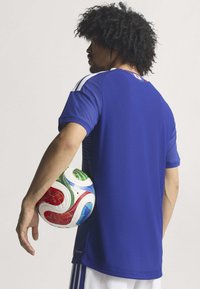 Modrá futbalová dres s bielymi pruhmi, krátke rukávy, štruktúrovaná tkanina. Hráč drží farebnú futbalovú loptu a obracia sa chrbtom.