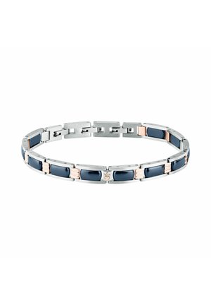 Bracciale a maglie in argento e oro rosa con pietre rettangolari di colore blu scuro e un piccolo logo tridente su una maglia.