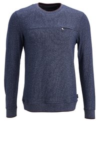 Maglione a maniche lunghe blu navy con texture, collo a giro e una piccola tasca con zip sul petto, polsini e orlo a coste.