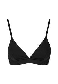 Bralette triangle noir avec des bretelles fines réglables, tissu doux et design sans couture. Comprend un plissé à l'avant pour plus de forme.