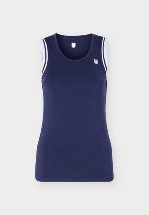 Camiseta deportiva sin mangas de color azul marino con rayas blancas en los hombros y un pequeño logo de escudo blanco en el pecho y el cuello.