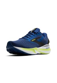 Scarpe da corsa da uomo con una parte superiore in mesh blu traspirante, accenti neri, intersuola verde lime e suola bianca testurizzata.
