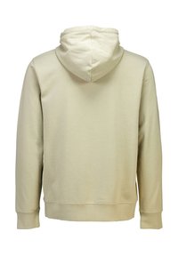 Felpa cappucci beige chiaro con una texture morbida, dotata di tasca a marsupio, polsini e orlo a coste. La vista posteriore mostra una finitura liscia.
