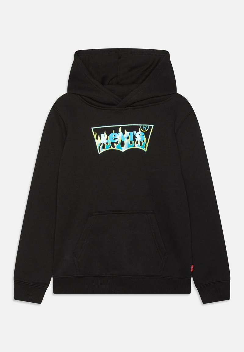 Hoodie noir avec une poche kangourou, présentant un logo Levi's brillant entouré de flammes bleues et orange. Mélange de coton, poignets côtelés.