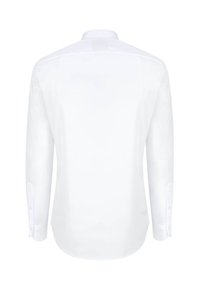 Biała koszula z długim rękawem, standardowym kołnierzykiem, mankietami zapinanymi na guziki i gładkim, nieteksturowanym materiałem. Tylny widok ukazuje dopasowany krój.