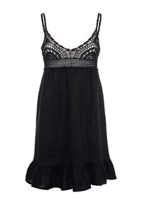 Abito nero con corpino in pizzo e crochet e spalline sottili, gonna fluida con orlo a balze, realizzato in tessuto leggero.