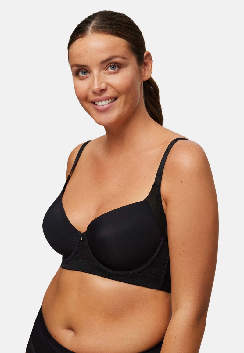 Sujetador negro con aros, copas acolchadas, tirantes ajustables y cierre frontal. Tela suave con una textura lisa. Diseñado para comodidad y soporte.
