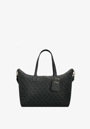 Sac à main noir en matière synthétique texturée, doté de deux poignées, d'une plaque avec logo et d'une étiquette amovible pour plus de détails.