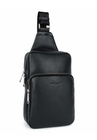 Borsa a tracolla nera in pelle con superficie strutturata, tasche con zip, tracolla regolabile e dettaglio con logo. Design compatto adatto all'uso quotidiano.