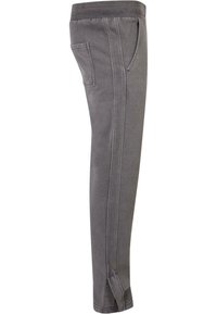 Pantalon droit gris en tissu doux, doté de poches latérales, d'une taille côtelée et de surpiqures sur les côtés.
